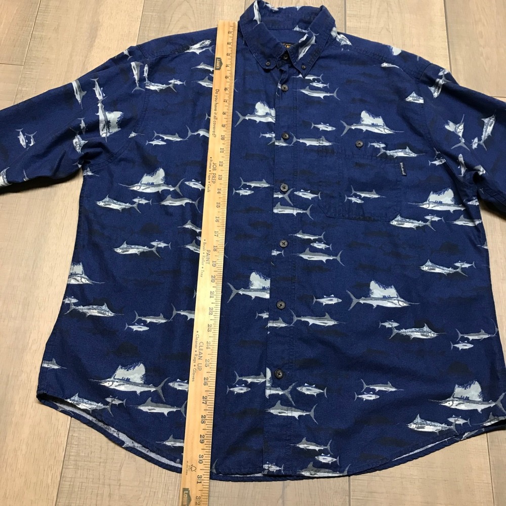 Woolrich Shirt Mens Size XL Blue Swordfish‎ Marlin Saltwater Fishing Button Up - Picture 10 of 11